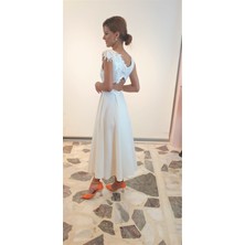 Tasarım Güpür Detaylı Beyaz Midi Nikah& After Party&mezuniyet Elbisesi