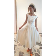 Tasarım Güpür Detaylı Beyaz Midi Nikah& After Party&mezuniyet Elbisesi