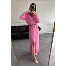 V Yaka Düğmeli Triko Elbise- Pembe