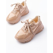 Ellolita Luxury Shoes SP-149 Nut Gold Bağcıklı Fileli Günlük Spor Ayakkabı