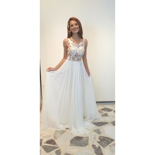 Tasarım Sırt Dekolte Detaylı Beyaz Maxi Nikah& After Party&mezuniyet Elbisesi