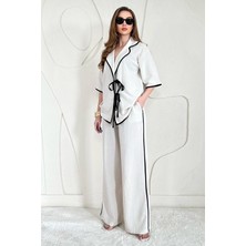 Elbee Fashion Woman Bej Biye Detaylı Keten İkili Takım