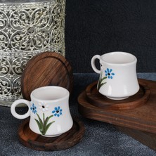 Lalender Tek Kişilik El Yapımı Özel Tasarım Papatya Desenli Fincan Takımı Ceviz Ağacı Altlıklı Fincan Seti