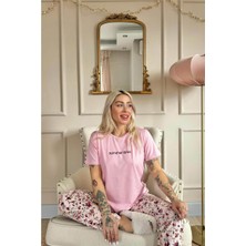 Pembe Summer Time Desenli Kısa Kollu Örme Kadın Pijama Takımı