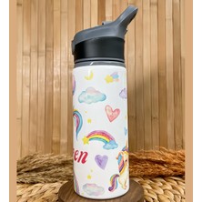 Kişiye Özel Isimli Kız Çocuk Unicorn Pipetli Suluk Matara 650 ml