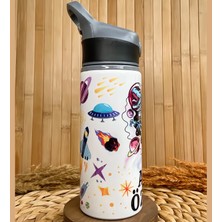 Kişiye Özel Isimli Erkek Çocuk Uzay Astronot Dinozor Pipetli Suluk Matara 650 ml