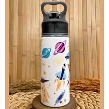 Kişiye Özel Isimli Erkek Çocuk Uzay Astronot Dinozor Pipetli Suluk Matara 650 ml