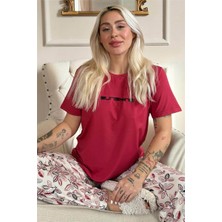 Bordo Sunshine Desenli Kısa Kollu Örme Kadın Pijama Takımı