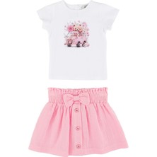 Best Kids Araba Çiçek Baskılı Body Fiyonklu Etek Takım Pembe