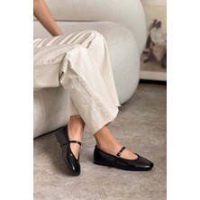 Nişantaşı Shoes Jeremi Siyah Kırışık Mat Kemer Detay Düz Taban Kadın Babet