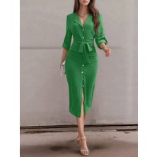 Kadın Uzun Kollu Önden Düğmeli Beli Kuşaklı Aerobin Midi Elbise