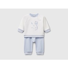 United Colors Of Benetton Bebek Beyaz-Mavi Baskılı Reglan Kol Üst ve Beli Büzgülü Eşofman Takım