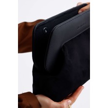 Heybes Kadın Siyah Deri Detaylı Süet Clutch El Çantası