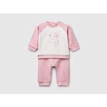 United Colors Of Benetton Bebek Pembe Baskılı Reglan Kol Üst ve Beli Büzgülü Eşofman Takım