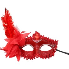 Kırmızı Mat Renk Yandan Tüylü Güllü Parti Balo Venedik Maskesi 16 x 22 (4887)