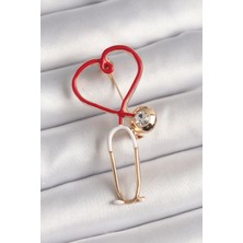 Marsilyan Pirinç Gold Renk Kırmızı Steteskop Model Zirkon Taş Detay Kadın Broş - TJ-BR417