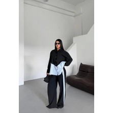 Fevien Polyviskon - Poplin Parçalı Gömlek Pantolon Takım - Siyah