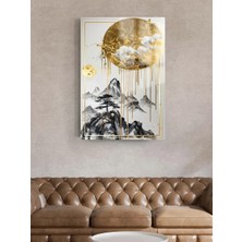 Taulart Gold Detaylarla Dolu Beyaz Dikey Oturma Odası Tablosu Ev Hediyesi Kırılmaz Lüks Modern Cam Tablo