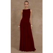 Bordo Önü Dökümlü Uzun Boy Kadın Elbise MG2364