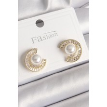 Skygo Pirinç Gold Renk Zirkon Taşlı Salyangoz Model İnci Detay Kadın Küpe - TJ-BKP9786