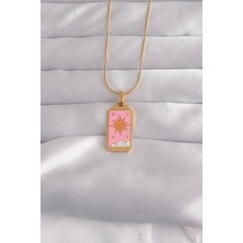 Skygo 316L Çelik Gold Renk Pembe Mineli Güneş Model Tarot Kolye - TJ-BKO9029