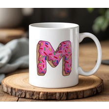 BB Design M Harf Donut Tasarımlı Beyaz Seramik Baskılı Kupa Bardak 330 ml