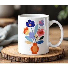 BB Design Vazoda Çiçekler Tasarımlı Beyaz Seramik Baskılı Kupa Bardak 330 ml