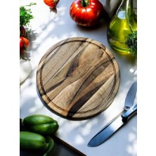 F&s Woodart Ceviz Ağacı 28 cm Oluklu Yuvarlak Rustik Doğal Ahşap Kanallı Pizza Sunum Doğrama Kesme Tahtası