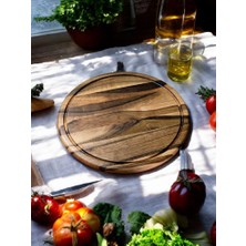 F&s Woodart Ceviz Ağacı 28 cm Oluklu Yuvarlak Rustik Doğal Ahşap Kanallı Pizza Sunum Doğrama Kesme Tahtası