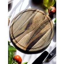 F&s Woodart Ceviz Ağacı 34 cm Oluklu Yuvarlak Rustik Doğal Ahşap Kanallı Pizza Sunum Doğrama Kesme Tahtası