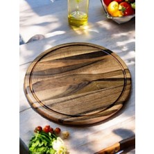 F&s Woodart Ceviz Ağacı 22 cm Oluklu Yuvarlak Rustik Doğal Ahşap Kanallı Pizza Sunum Doğrama Kesme Tahtası
