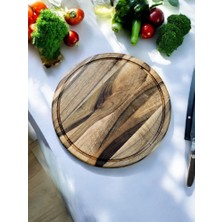 F&s Woodart Ceviz Ağacı 22 cm Oluklu Yuvarlak Rustik Doğal Ahşap Kanallı Pizza Sunum Doğrama Kesme Tahtası