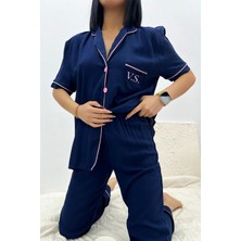 Kadın Lacivert-Kırmızı Kısa Kollu 2'li Pijama Takım Pamuklu Düğmeli Cep Tasarım Detaylı