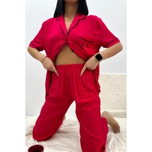 Kadın Lacivert-Kırmızı Kısa Kollu 2'li Pijama Takım Pamuklu Düğmeli Cep Tasarım Detaylı