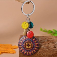 Etnik Otantik Mandala Desenli Doğal Coco Nut Hindistan Cevizi Kabuğundan Yapılmış Anahtarlık