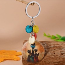 Otantik Kedi Ailesi Tablosu Desenli Doğal Coco Nut Hindistan Cevizi Kabuğundan Yapılmış Anahtarlık