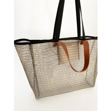 Heybes Kadın Bej Petek Desenli Şeffaf Büyük Boy Plaj ve Alışveriş Shopper Tote Omuz Çantası