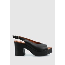 Siyah Deri Kadın Topuklu Sandalet