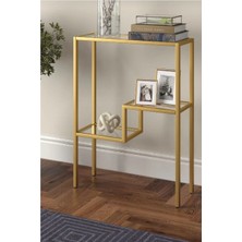 Modern Gold Renk Metal Iskeletli Temper Camlı Raflı Dresuar Konsol