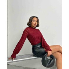 Zeynep Öykü Style Bordo Simli Sakallı Astarlı Bluz