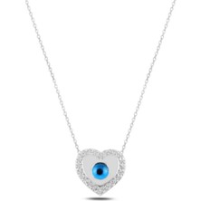 925 Ayar Gümüş Kalpli Göz Zirkon Taşlı Kadın Kolye