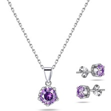 Gümüş Ametist Taşlı Taç Model Bayan Kolye Küpe Seti Gümüş Set