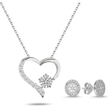 Gümüş Zirkon Taşlı Kalp Kar Tanesi Bayan Kolye Küpe Seti
