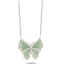 925 Ayar Yeşil Taşlı  Kelebek Uzun Kadın Gümüş Kolye