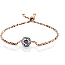 Rose Renk Firuze Taşlı Asansör Kilitli Nazar Gözlü Kadın Gümüş Bileklik