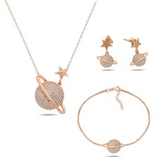Rose Gold Gümüş Gezegen Bayan Kolye Küpe Bileklik Seti