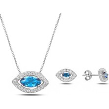 Deniz Mavisi Zirkon Taşlı Tektaş Kadın Gümüş Kolye Küpe Seti