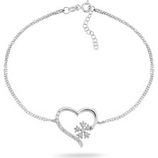 925 Ayar Gümüş Zirkon Taşlı Kar Tanesi Kalpli Kadın Gümüş Bileklik