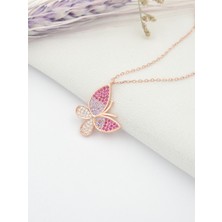 Gümüş Rose Renk Nano Taşlı Bayan Kelebek Gümüş Kolye