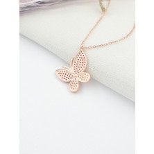 Gümüş Rose Renk Nano Taşlı Bayan Kelebek Gümüş Kolye